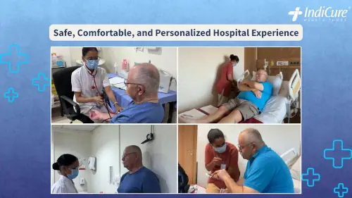 Collage showing Russell Eddy's hospital care: a nurse checking his blood pressure, a medical staff member assisting him while he rests in the hospital bed, and two separate photos of him consulting with nurses.